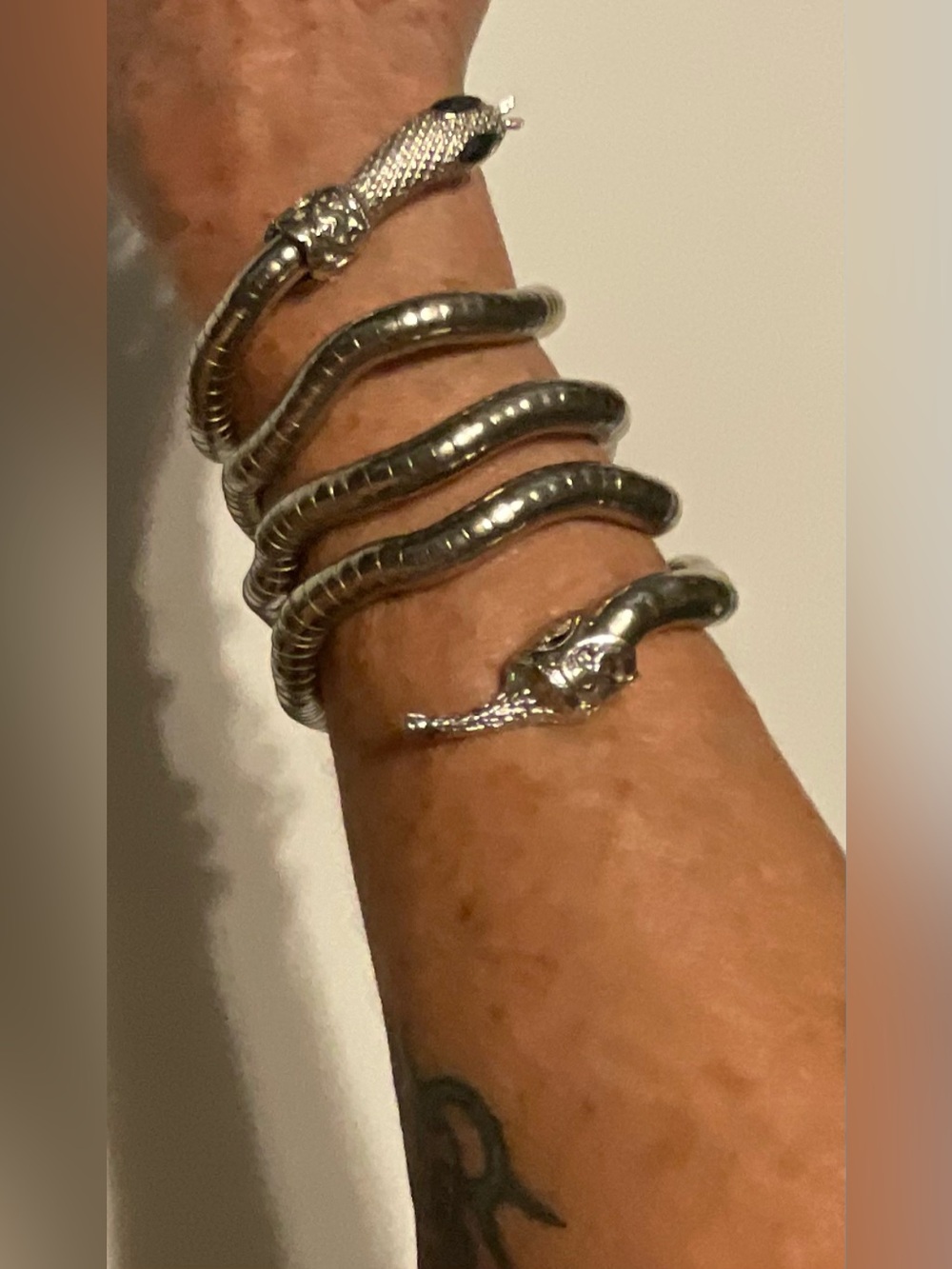 Silver Tone Snake Wrap Cuff Bangle Bracelet, Adjustable, No Clasp, No Stone